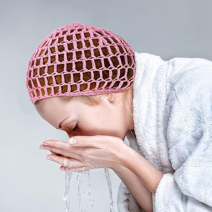 Geyoga 4 Pieces Mesh Crochet Hair Net Rayon Knit Snood Hat Thick Short Women Hairnet Snoods Cover Ornament for Sleeping (Black, Pink)