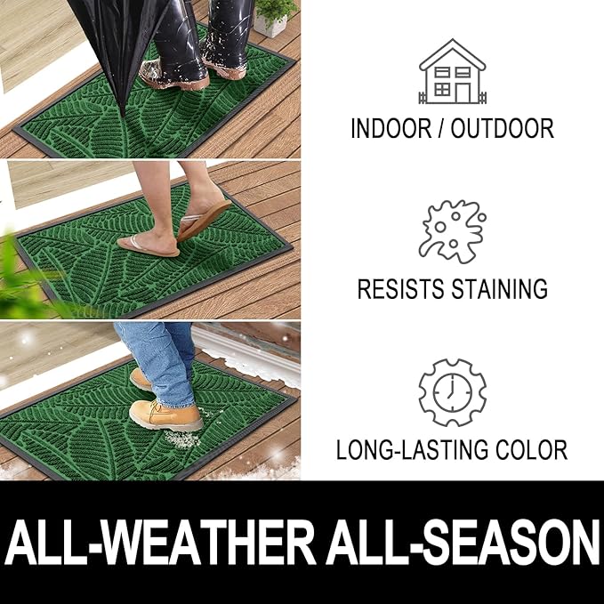 Colorxy Waterproof Doormat, Sturdy Natural Rubber Front Indoor Mat, Non Slip Low Profile Indoor Outdoor Door Mats, Stain and Fade Resistant Floor Mat, Easy Clean Patio Entrance Mat, 30''x17'', Green