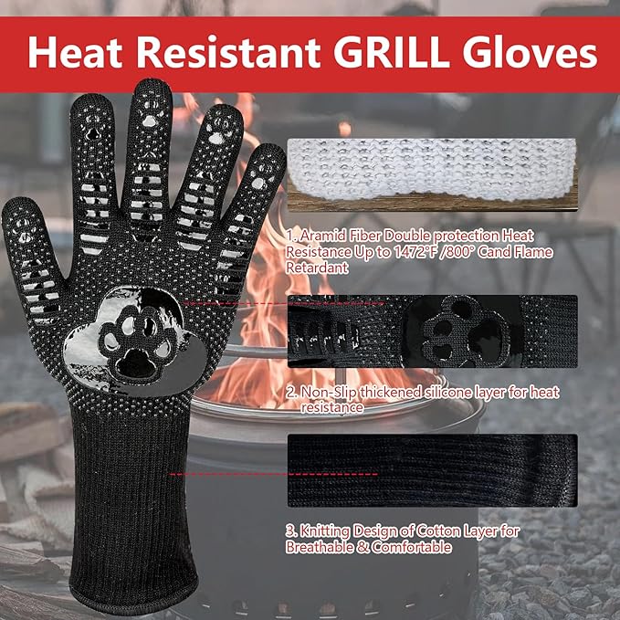 UBeesize Lengthen BBQ Gloves, 1472°F Heat Resistant Grill Glove, Fireproof Oven Gloves for Cooking, Non-Slip Fire Glove for Grilling, Barbecue, Smoker, Baking, Frying