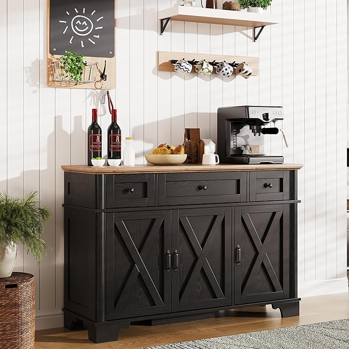 Farmhouse Buffet Cabinet with Storage, Black Sideboard Buffet Cabinet with Adjustable Shelves & 3 Drawers, Buffet Table Coffee Bar Wine Bar Storage for Kitchen & Living Room, 47 Inch