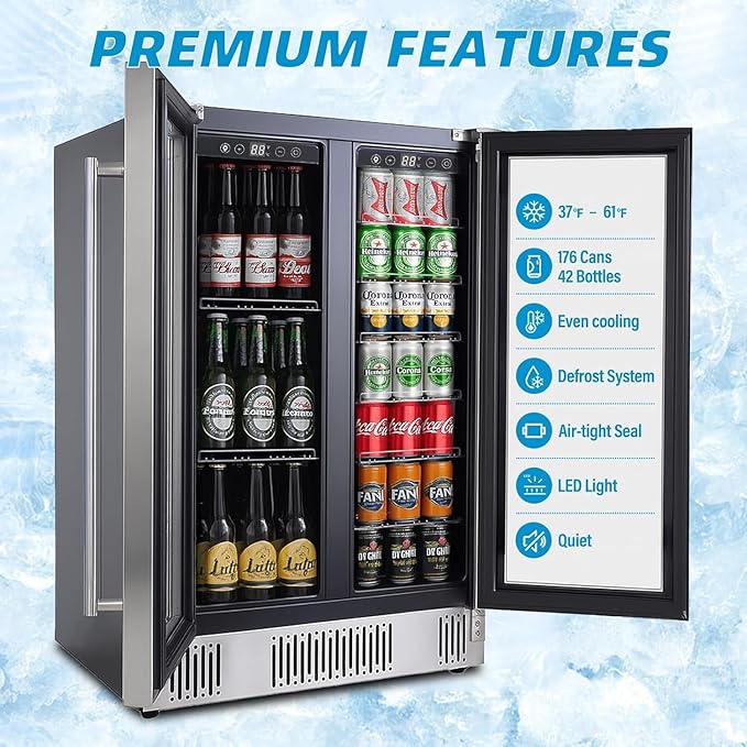 Stopasd Beverage Refrigerator Cooler, 5.4 Cu.Ft/176 Can Drink Fridge with Dual Zone Beverage Cooler Under Counter with Glass Door&LED Light, Quiet Undercounter Small Fridge for Home/Office/Bar, Silver