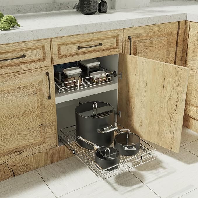 ROOMTEC Pull Out Cabinet Organizer, Slide Out Shelves 31" W x 21" D, Heavy Duty Kitchen Cabinet Organizers, Neutral