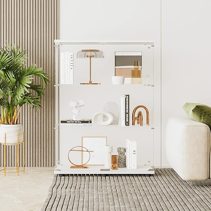 Yoluckea 3 Shelves Glass Display Cabinet with 2 Doors,Floor Standing Clear Glass Curio Cabinet Collection Display Case for Living Room Bedroom 49.49” x 31.77”x 14.37 ”(White)