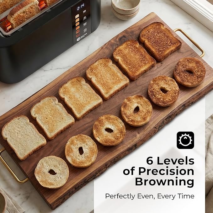 Toaster 4 Slice Wide Slot, Bagel Function, Long Slot, Stainless Steel, Touch Screen, Built-in Rack, Extra-Wide 1.5" Slots for Thick Breads & Bagel, Timer, BPA-Free, Removable Tray, Black