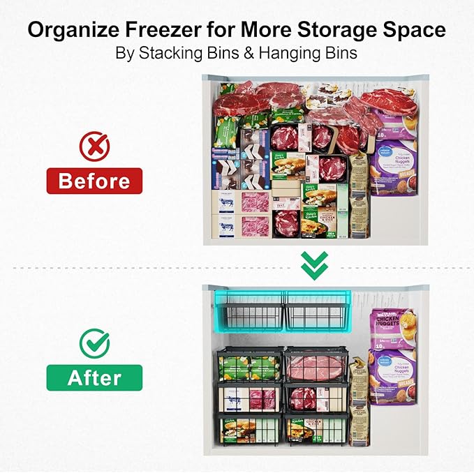 iSPECLE Freezer Organizer Bins for 10 to 20 Cu.Ft, 2 Pack Expandable Hanging Baskets Fit 17.5"-22.6" Width, Metal Wire Storage Racks for Deep Freeze, Not for Upright, Black