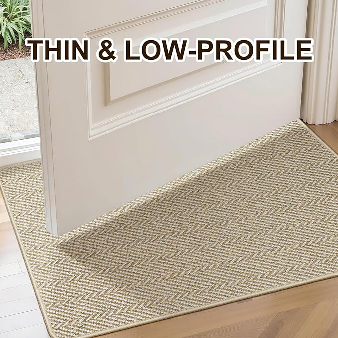 Ultra Thin Door Mat Indoor Entrance 24"x47", Low-Profile Indoor Door Mat, Non Slip Entry Mat Rubber Backing Unique Herringbone Design Inside Doormat Dirt Trapper Entryway Mats, Beige