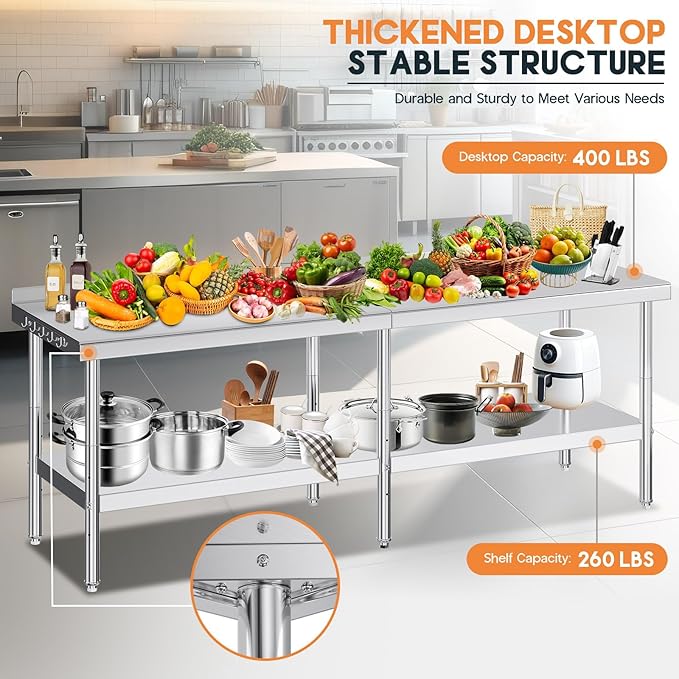 Jocisland 30" x 96" Stainless Steel Table for Prep & Work with Backsplash, Adjustable Under Shelf & Safe Design for Restaurant, Home and Outdoor