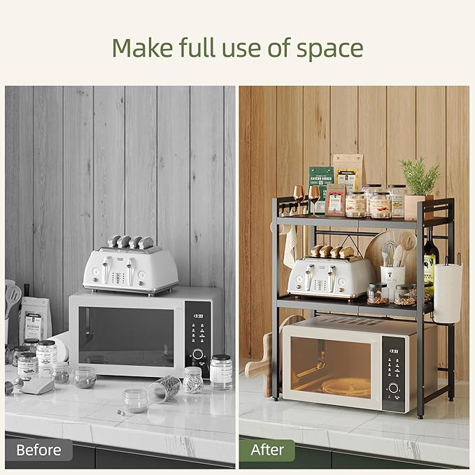 NETEL Expandable Microwave Stand,3 Tier Metal Kitchen Countertop Organizer Shelves with Paper Towel and Chopping Board Holder,Bakers Rack,Microwave Shelf,Microwave Oven Rack,110lbs Weight Capacity