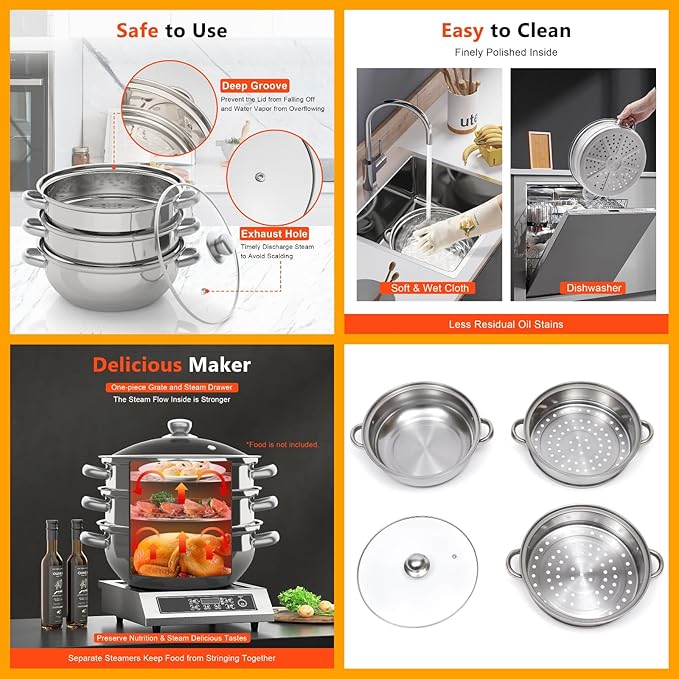 Steamer 28cm/11.02in, 3-tier Polished Stainless Steel Steam Cooker w/Clear Glass Lid & Handles, Round Stackable Multipurpose Steam Pot for All Stoves, 12.8 * 9.84in (1xBottom Pot, 2xSteamer Baskets)