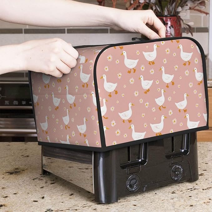 4 Slice Toaster Cover for Kitchen Goose Pattern Daisy Flower Waterproof and Dustproof Toaster Dust Cover with Side Pockets Decorative Universal Cover for Wide Slot Toasters and Small Appliances