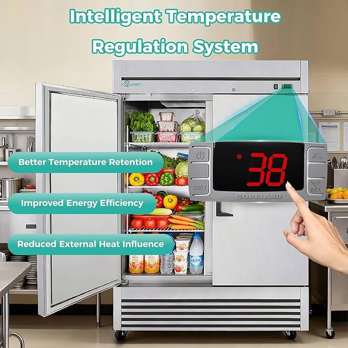 COOLCHEF 54" Commercial Refrigerator 49 Cu.Ft, Stainless Steel 2 Door Reach-in Fridge, 33–40℉, Air Cooling, LED Light, 6 Shelves, R290, ETL