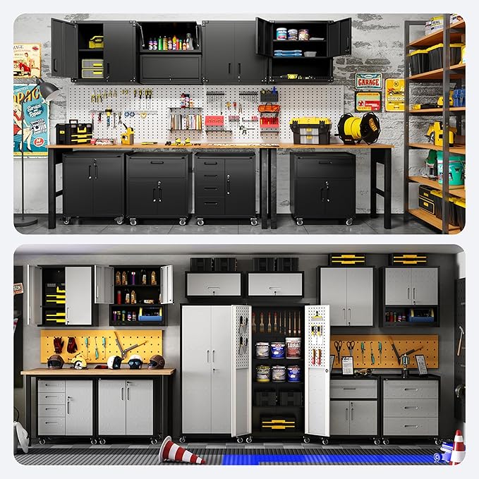 Metal Tool Cabinet,Garage Storage Cabinet System,Wall Cabinet & Locking Rolling Tool Cabinet with Doors and Adjustable Shelves,Steel Tool Cabinets for Home (3 Pcs-StyleA, Black & Grey)