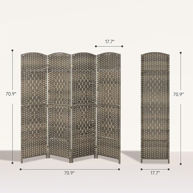 HOMCOM 4 Panel Room Divider, 6' Tall Folding Privacy Screen, Woven Freestanding Wall Partition for Home Office, Bedroom, Dark Rustic Oak