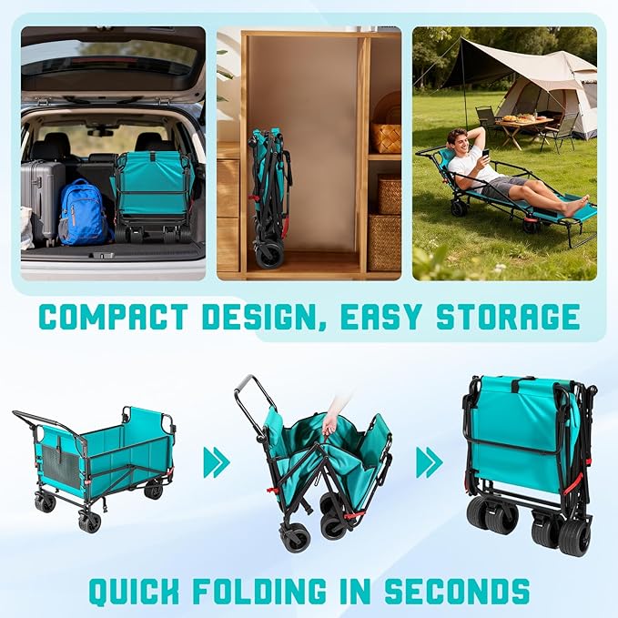 LEVELEVE Heavy Duty Folding Wagon - 2-in-1 Collapsible Cart, 650lb Capacity, All-Terrain Wheels w/Brakes & Side Pockets (Sky Blue)
