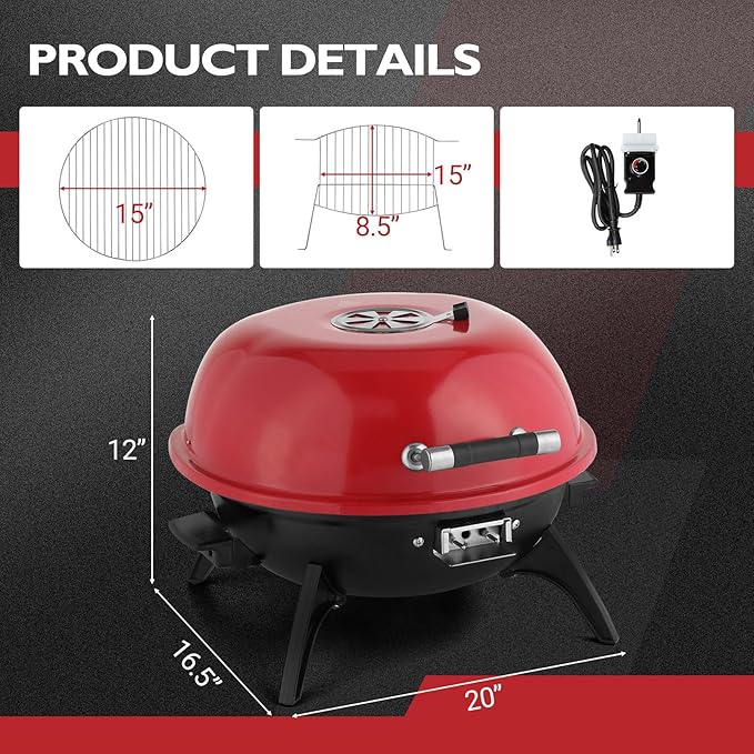 Outvita Indoor/Outdoor Electric Grill, 1600W Portable Removable Stand Grill with Double Layer Design for Countertops, BBQ, Patio & Backyard (Red)