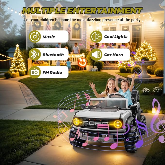 ENYOPRO 24V 2 Seater Ride On Toys for Kids, Licensed Ford Bronco Raptor Toddlers Electric Ride On Car w/Remote Control, Safety Belt, LED Lights, Spring Suspension, Bluetooth Music, 3 Speed, White