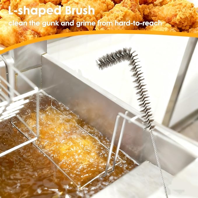 3Pcs Deep Fryer Cleaning Tools, Include L-Shaped Fryer Cleaning Brush Stainless Steel Bristle Fryer Cleanout Rod, Deep Fryer Basket Cleaning Brush Kit for Kitchen Restaurant Bakery