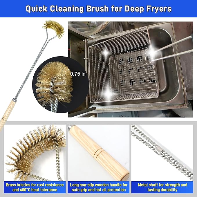 4 Pieces Fryer Cleaning Tool Sets, High Temp Deep Fryer Cleaner Kits Including Stainless Steel Crumb Scoop, L-Shape Fryer Cleaning Brush, Long Handle Basket Brush & Cleanout Rod for Commercial Kitchen