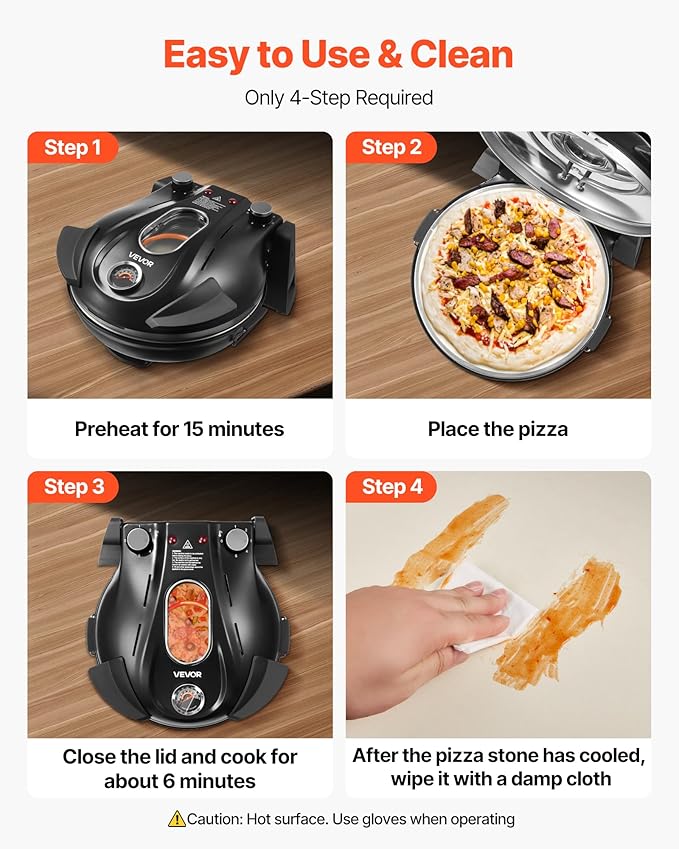 VEVOR Indoor Pizza Oven, 12-Inch Electric Pizza Maker, 788°F Countertop Cooker with 5 Modes, 1200W Dual Temp Controls, Thermometer & Viewing Window, Compact Home Baker Pan for Crispy Pizza, Black