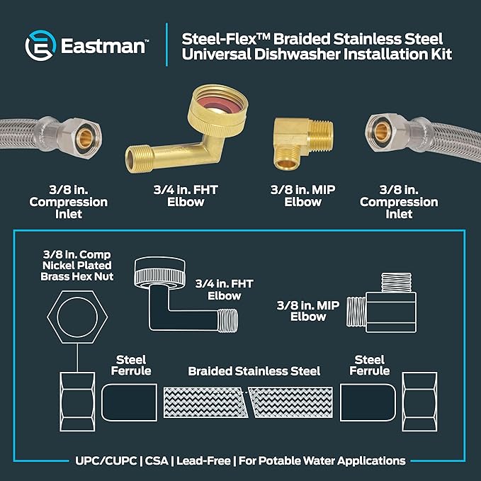 Eastman 4 Ft. Dishwasher Installation Kit, Braided Stainless Steel Supply Line with 3/8 Inch Compression Ends, 41037