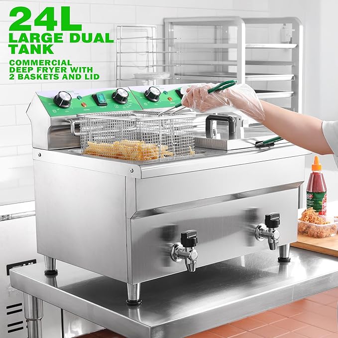 24L/25.4QT Commercial Deep Fryer with 2 Baskets and Lids, 110V Electric Fryer with Oil Filtration and Timer, Stainless Steel Large Double Tank Fryer Countertop Deep Fryer for Restaurant 3500W