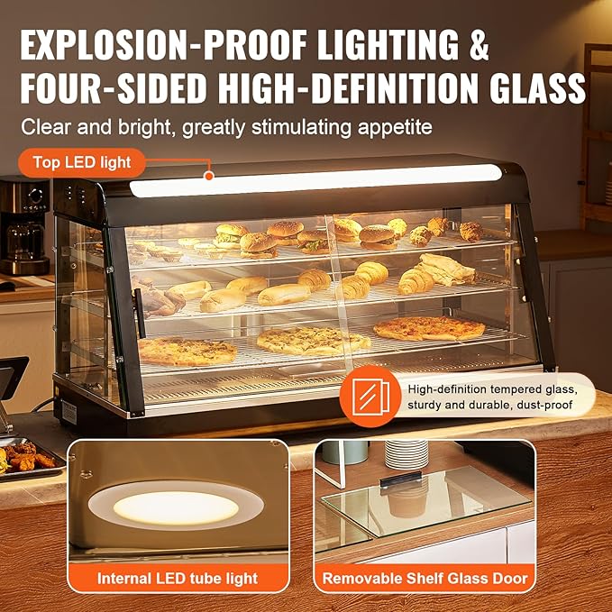 VEVOR 3-Tier Commercial Food Warmer Display, 1500W Food Display Warmer with Light, Adjustable Shelf and Temperature Display, 86℉~185℉ Steam Heating, 180L for Hamburger, Pizza, Bread, Fried Chicken