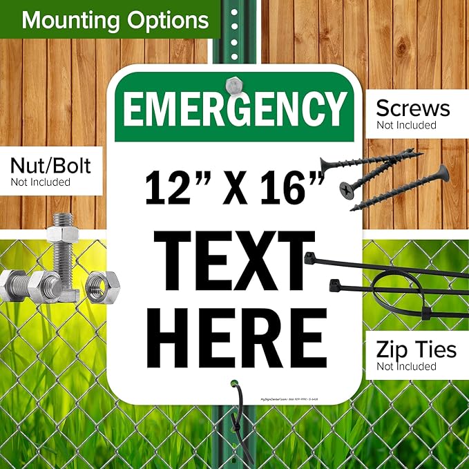 Custom Emergency Sign, OSHA Sign, 12x16 Inches, Post Holes, Rust Free .040 Aluminum, Fade Resistant, Indoor/Outdoor Use, Made in USA by My Sign Center
