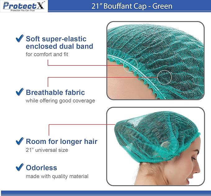 ProtectX 100-Pack Green Disposable Hair Nets, Elastic Head Cover, Bouffant Caps, Sanitation Head Cover for Food Service, Spa Men & Women - 21 inch