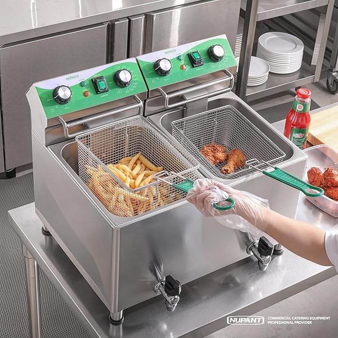 25.3QT/24L Commercial Deep Fryer with Oil Filtration and Timer Electric Deep Fryer with 2 Baskets and Lids Dual Tank Stainless Steel Large Countertop Fryer for Restaurant Use,110V 1750W x 2