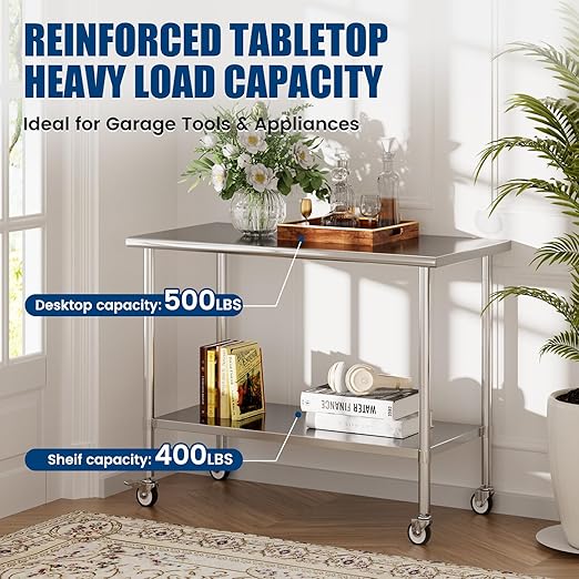 Stainless Steel Work Table with Wheels, 24x60 Inch NSF Kitchen Prep Table with Adjustable Undershelf for Commercial Restaurant, Garage, Outdoor BBQ