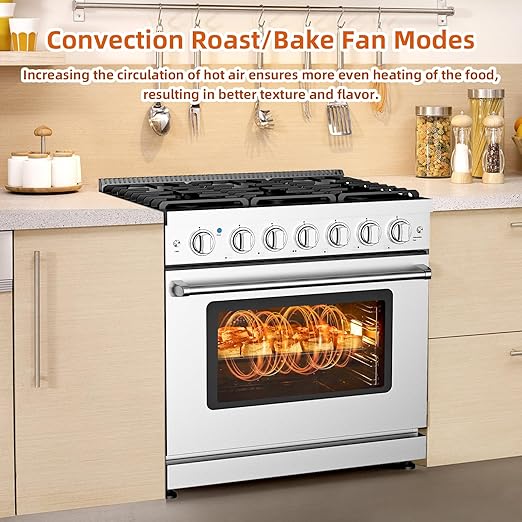 36 Inch Freestanding Dual Fuel Range Oven Stove, 6.0 Cu.Ft. Large Capacity, Professional-Grade True Convection & Self-Clean Oven, High-Powered 6 Sealed Gas Burner Cooktop, Stainless Steel