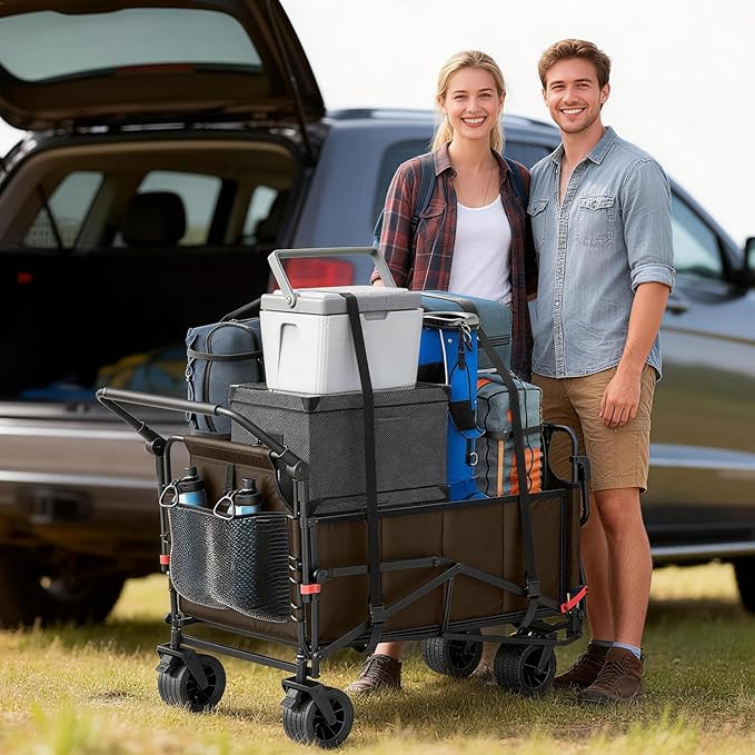 LEVELEVE Heavy Duty Folding Wagon - 2-in-1 Collapsible Cart, 650lb Capacity, All-Terrain Wheels w/Brakes & Side Pockets (Brown)