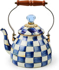 MACKENZIE-CHILDS Enamel Tea Kettle, Stylish Tea Kettle for Stovetop, Blue-and-White Royal Check, 2 Quarts