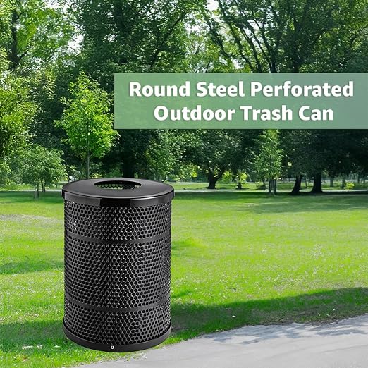 32 Gallon Perforated Recycle Container with Flat Lid, Steel Outdoor Heavy-Duty Commercial Trash Can, Black Round Waste Bin, Durable Garbage Can for Municipalities, Schools, Parks, Parking