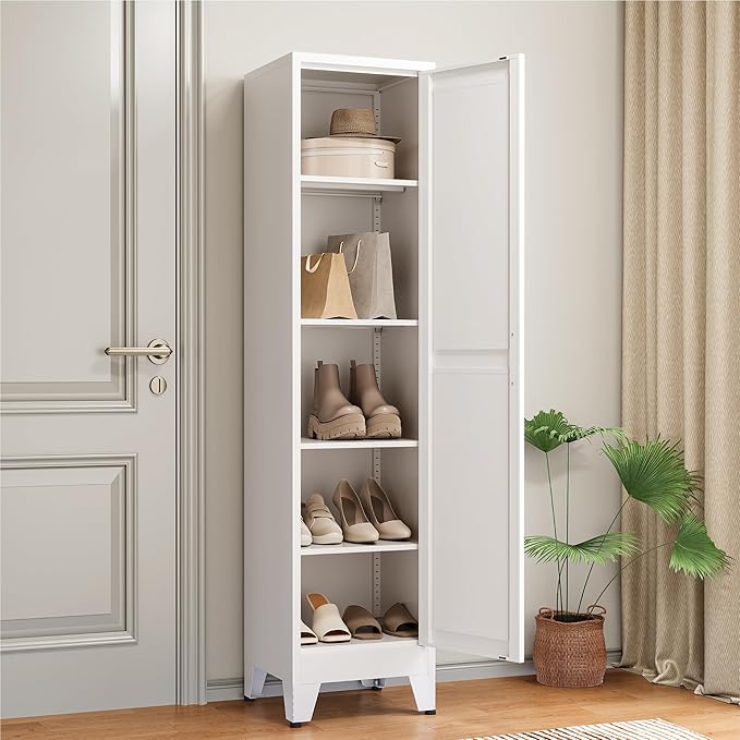 COFaR 67" Tall Pantry Cabinet, White Storage Cabinet with Magnetic Door & 4 Adjustable Shelves, Slim Freestanding Cupboard for Kitchen, Bathroom, Living Room