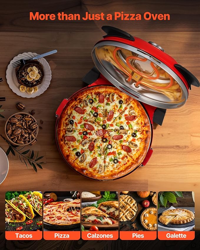 VEVOR Pizza Oven, 12 in Electric Pizza Maker, 1200W Electric Pizzas Cooker with Cordierite Stone, 5-Mode Temperature Control, Viewing Window for Precise Cooking, Heats up to 788 ˚F, for Home (Red)