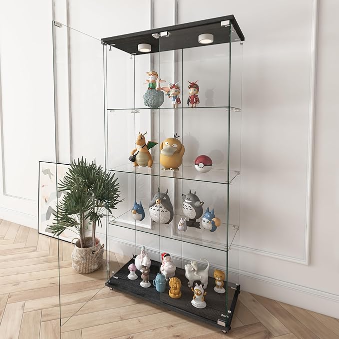 Yoluckea 4-Shelf Glass Display Cabinet with LED Lights, 2-Door Floor Standing Curio Cabinet with Universal Wheel for Home or Office, Black Glass Bookshelf for Collections, Decor, and Corner Display