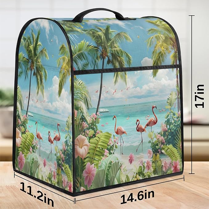 Kitchen Aid Mixer Cover Summer Flamingo Beach Flowers Stand Mixer Cover Compatible with 6-8 Quarts Stand Mixers, Dust Covers with Zipper Pocket Foldable Washable Kitchen Aid Organizer Bag