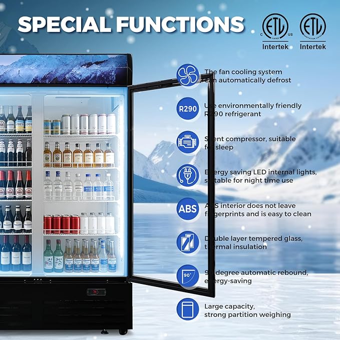 36 Cu Ft Commercial Beverage Refrigerator with 2 Glass Doors - Upright Drink Cooler Merchandiser with LED Light Display, 8 Adjustable Shelves, Black, ETL Approved for Business & Retail