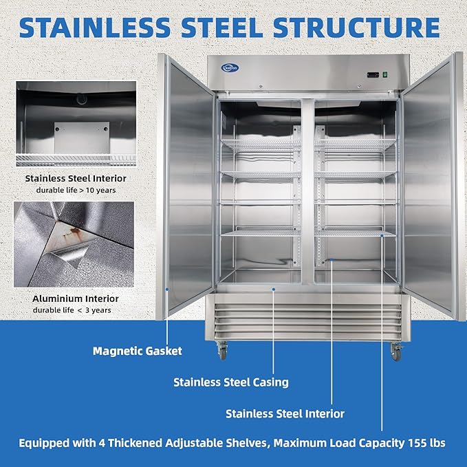 54" Commercial Refrigerator with 2 Solid Door, 49 Cu.ft Reach-in Stainless Steel Refrigerator, Fan Cooling Refrigerator for Restaurant, Bar, Home, Shop