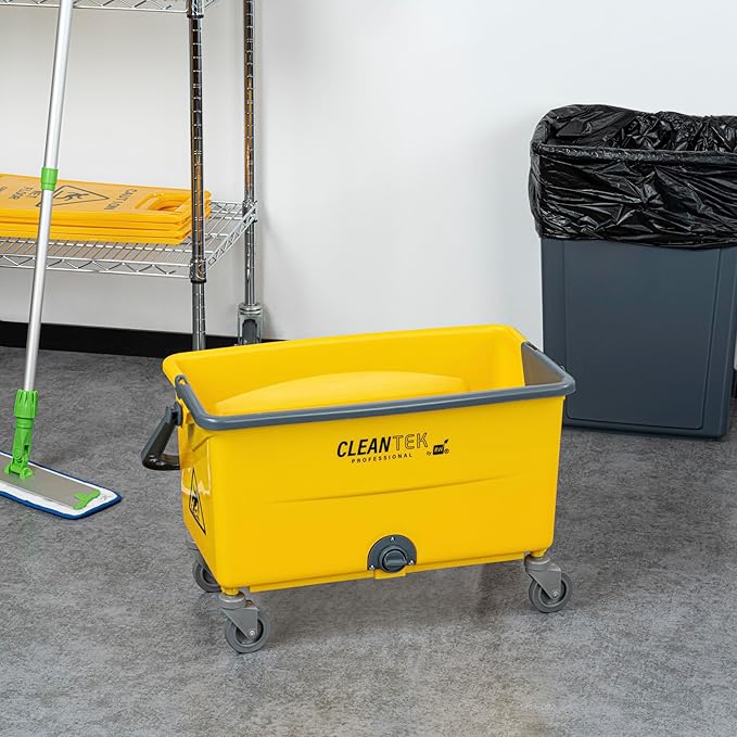 Restaurantware-Clean Tek Professional 44 Quart Cleaning Bucket, 1 Bucket With Comfortable Handle - Drain Valve, Heavy-Duty, Yellow On Wheels, Portable, For Restaurant, Home, School, Or Office