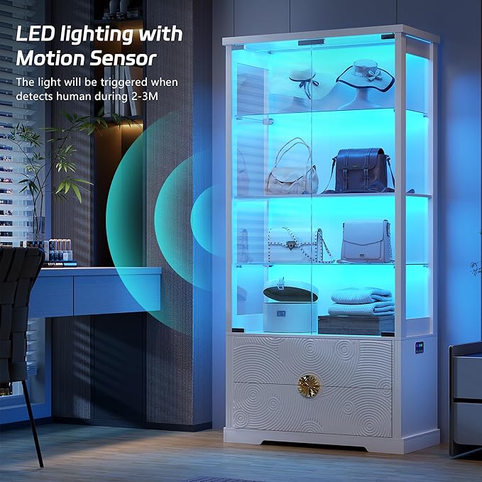RGB Glass Display Cabinet with Door, 4-Tier Curio Cabinet with 2 Drawers and Adjustable Glass Height Showcase, Display Case with 3 LED Light and Human Body Sensor, White