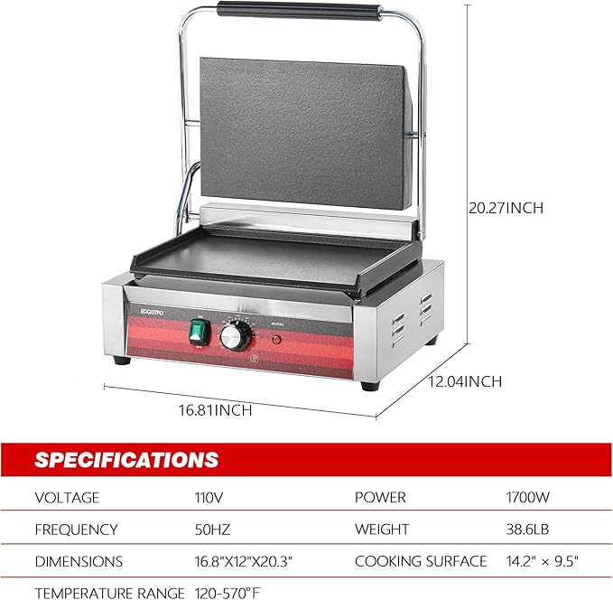 EGGKITPO Commercial Electric Panini Grill with Flat Plates Stainless Steel Sandwich Maker 14"× 9.5" Cast Iron Enamel Plate Countertop Panini Press with Temperature Control for Business 110V 1700W