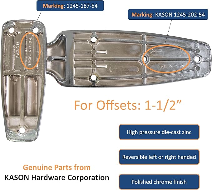 Kason 1245-187-54 Reversible Cam-Rise Hinge Chrome Finish for Freezer/Cooler/Refrigerator, 1245-202-54 (1-1/2" Offset)
