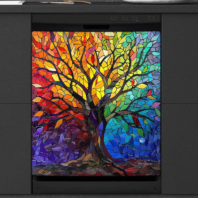 Tree of Life Spring Dishwasher Magnet Cover Tree of Life Rainbow Glass Dishwasher Decorative Cover Front Dishwasher Door Cover Reuseable Dishwasher Cover for Kitchen Home Appliances 23" X 26"