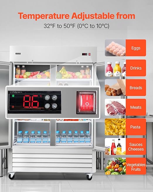 VEVOR Commercial Reach-In Refrigerator 54" W, 44 Cu.Ft Stainless Steel Upright Refrigerator with Double Doors, Auto-Defrost, 8 Adjustable Shelves, 32 to 50℉ Temp Control, ETL Certified