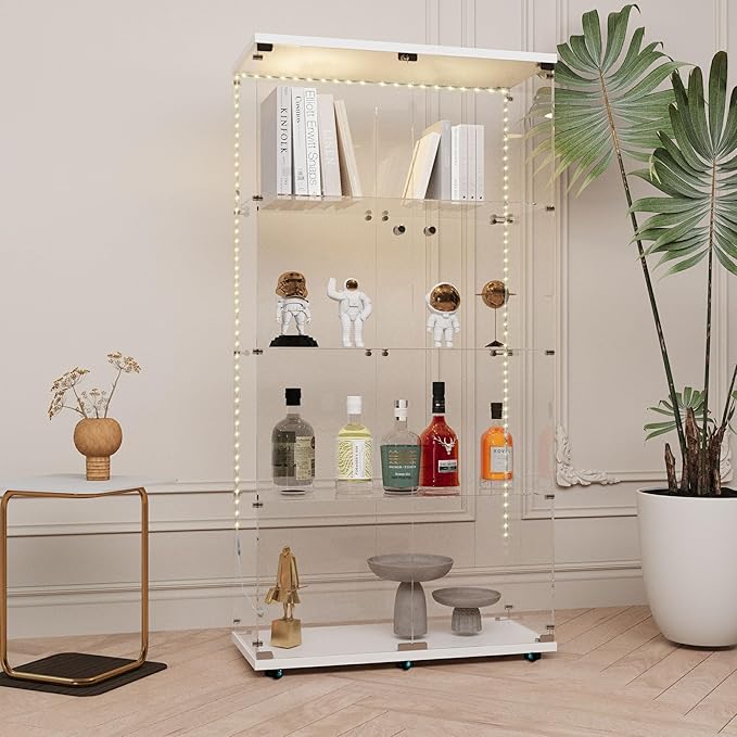 Yoluckea 4 Tiers Glass Display Cabinet with Bluetooth LED Light Strip, 2 Doors Floor Standing Curio Cabinet with Universal Wheel for Home Office Display, White Glass Bookshelf for Collections,Wood Top