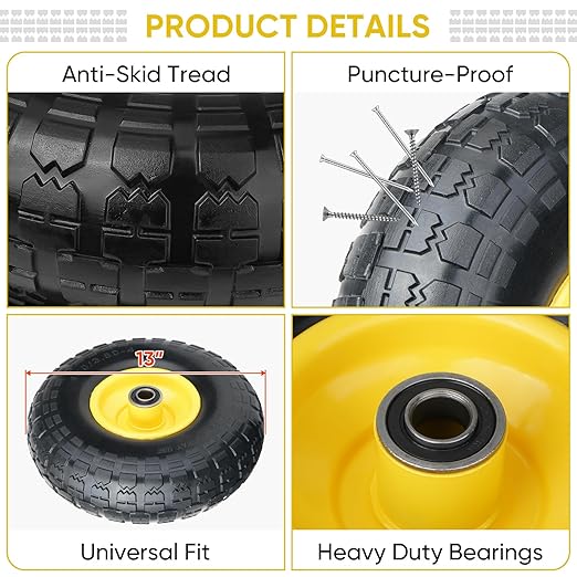 TICONN 4.00-6 Tire and Wheel Flat Free, 4 Pack 13" Solid Tires with 5/8" Axle Bore Hole and Double Sealed Bearings, Perfect for Wheelbarrow, Garden Cart, Wagon, Dolly (Yellow, 4PK)