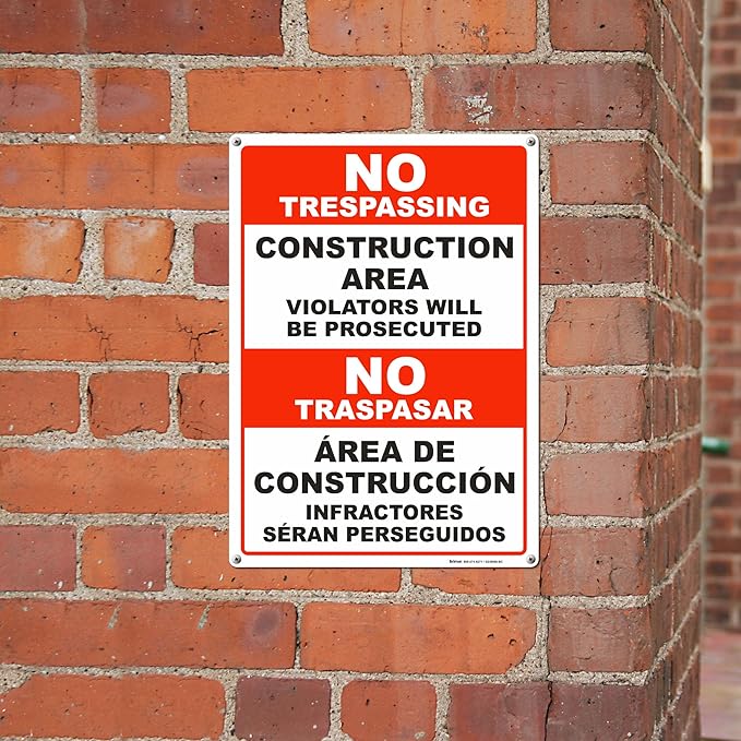 Brimar - 10" x 14" - Bilingual Construction Area Violators Will Be Prosecuted Sign - .055″ Polyethylene Plastic - Bold Text And Symbol - Easy Installation