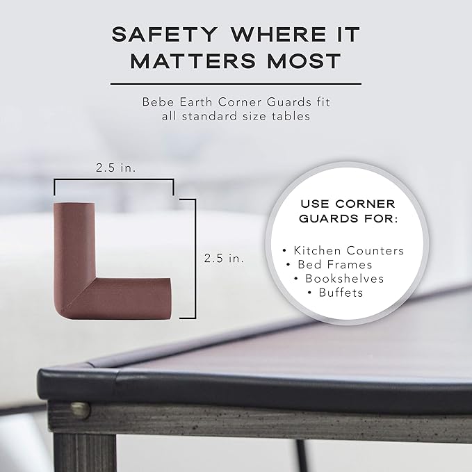 Bebe Earth - Baby Proofing Edge and Corner Guard Protector Set (16 Corners) - Safety Bumpers - Child Proof Furniture and Tables - Pre-Taped Bumper Corners (Brown)